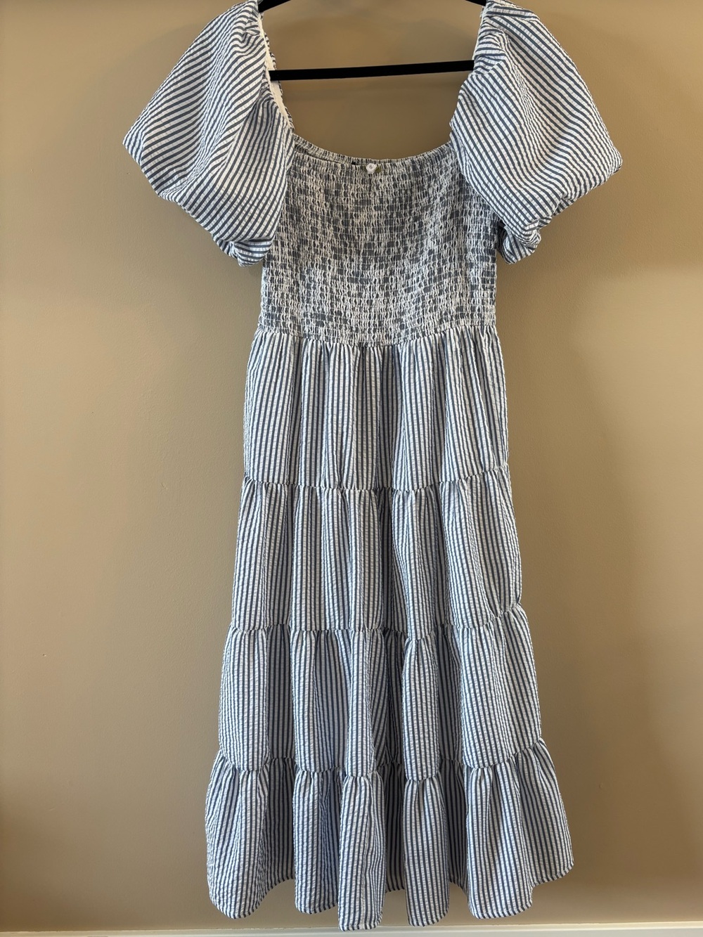Crystal Doll Blue & White Striped Smocked Puff Sleeve Midi Dress